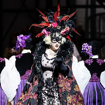 Szenenbild Die Fledermaus: Frau in pr&auml;chtigem Kleid, mit gro&szlig;em Haarschmuck 